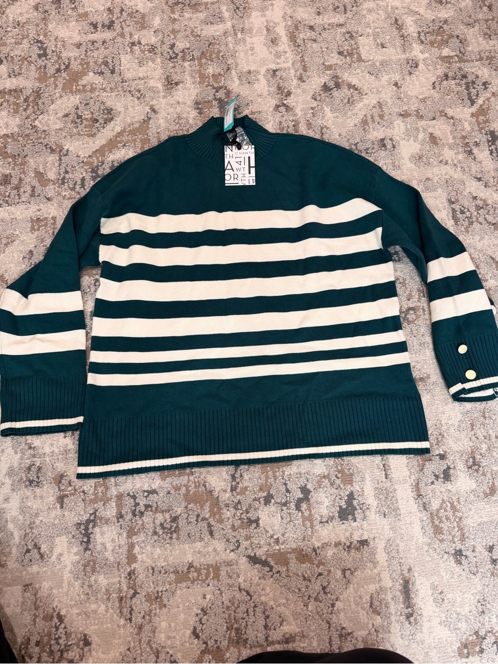 Stripe Mock Neck Tunic Sweater in dark green and cream